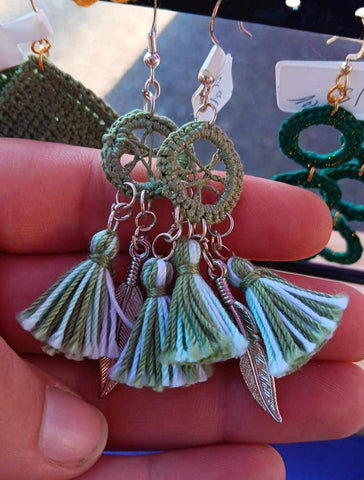 Boho Feather Tassels Crochet Earrings Variegated Green and White