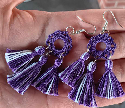 Hoop Tassel Crochet Earrings Purple & White