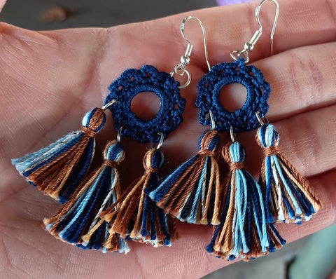 Hoop Tassel Crochet Earrings Blues & Bronze